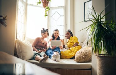 Home, friends with selfie and women with live streaming, social media and vlog with content creator